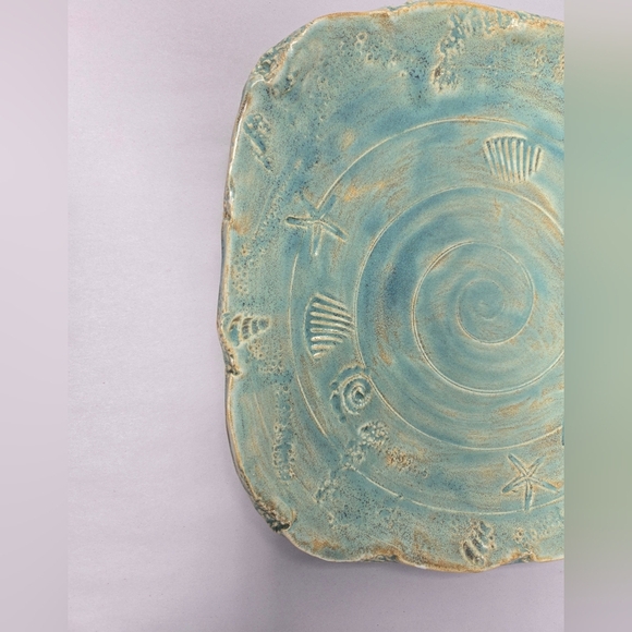 Coastal Ceramic Art Piece Plate in Teal and Tan Stamped Starfish & Sea Shells - Picture 2 of 11